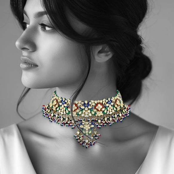 Polki Choker with Multicoloured Enamel and Beads